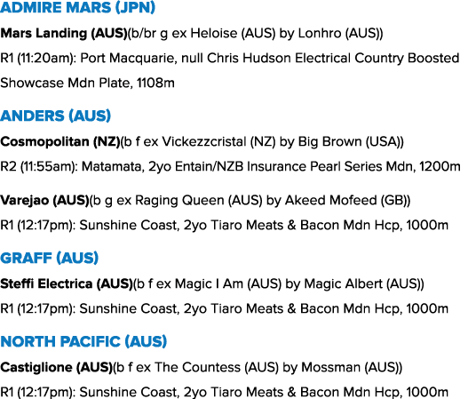 Admire Mars (JPN) Mars Landing (AUS)(b/br g ex Heloise (AUS) by Lonhro (AUS)) R1 (11:20am): Port Macquarie, null Chri...