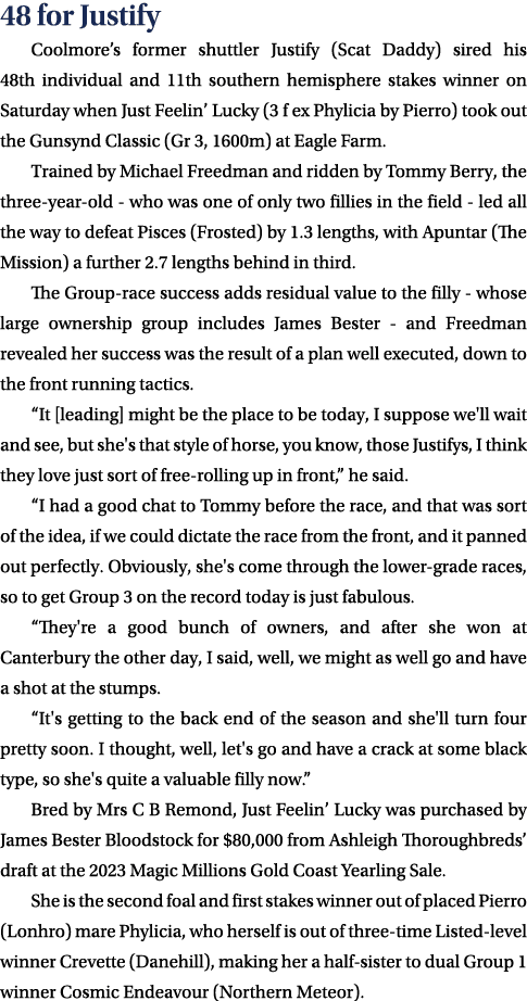 48 for Justify Coolmore’s former shuttler Justify (Scat Daddy) sired his 48th individual and 11th southern hemisphere...