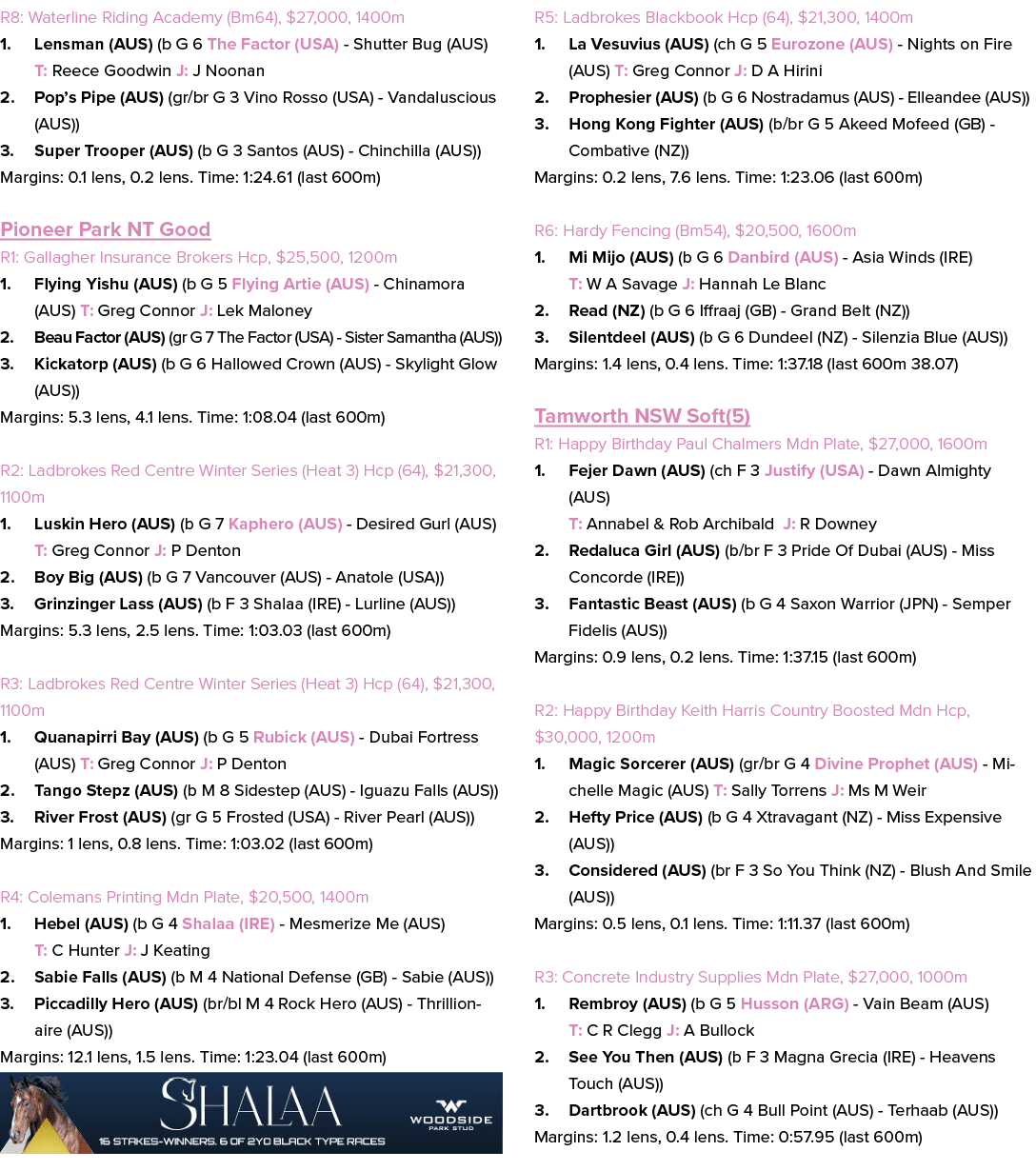 R8: Waterline Riding Academy (Bm64), $27,000, 1400m 1. Lensman (AUS) (b G 6 The Factor (USA) Shutter Bug (AUS) T: Ree...
