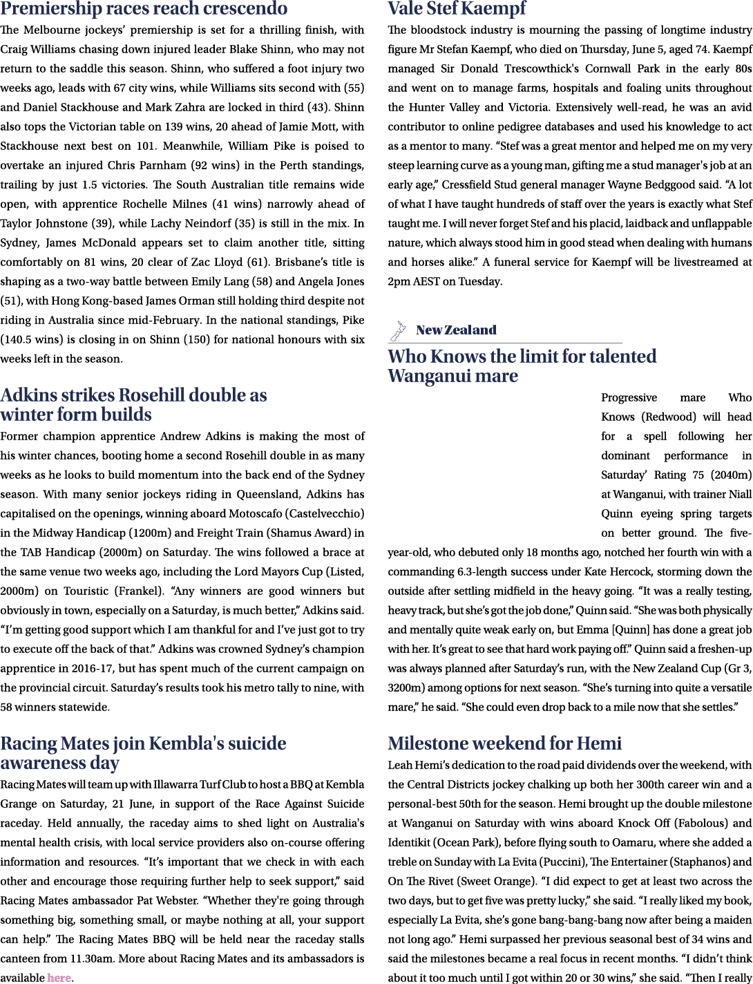Premiership races reach crescendo The Melbourne jockeys’ premiership is set for a thrilling finish, with Craig Willia...
