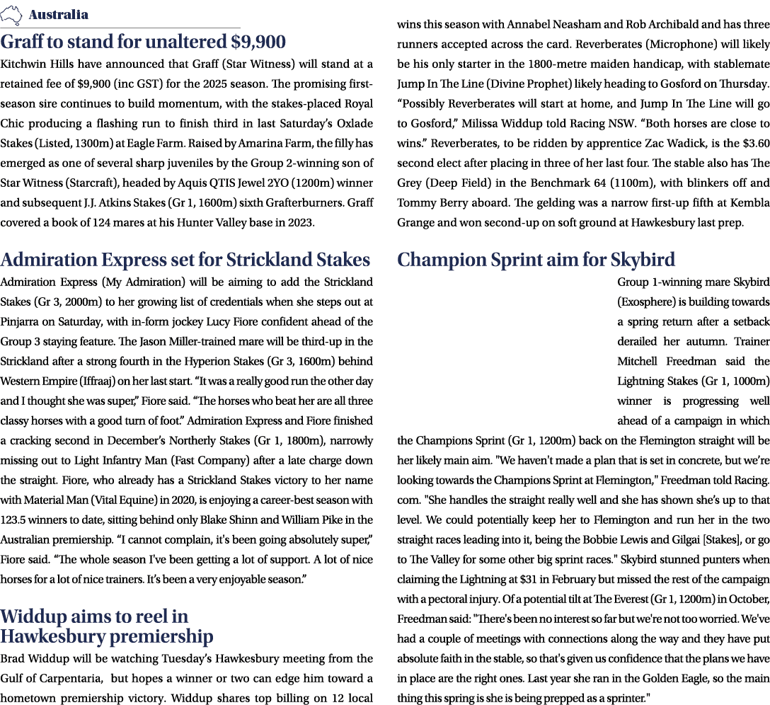 ￼ Graff to stand for unaltered $9,900 Kitchwin Hills have announced that Graff (Star Witness) will stand at a retaine...