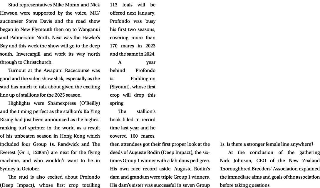 Stud representatives Mike Moran and Nick Hewson were supported by the voice, MC/auctioneer Steve Davis and the road s...