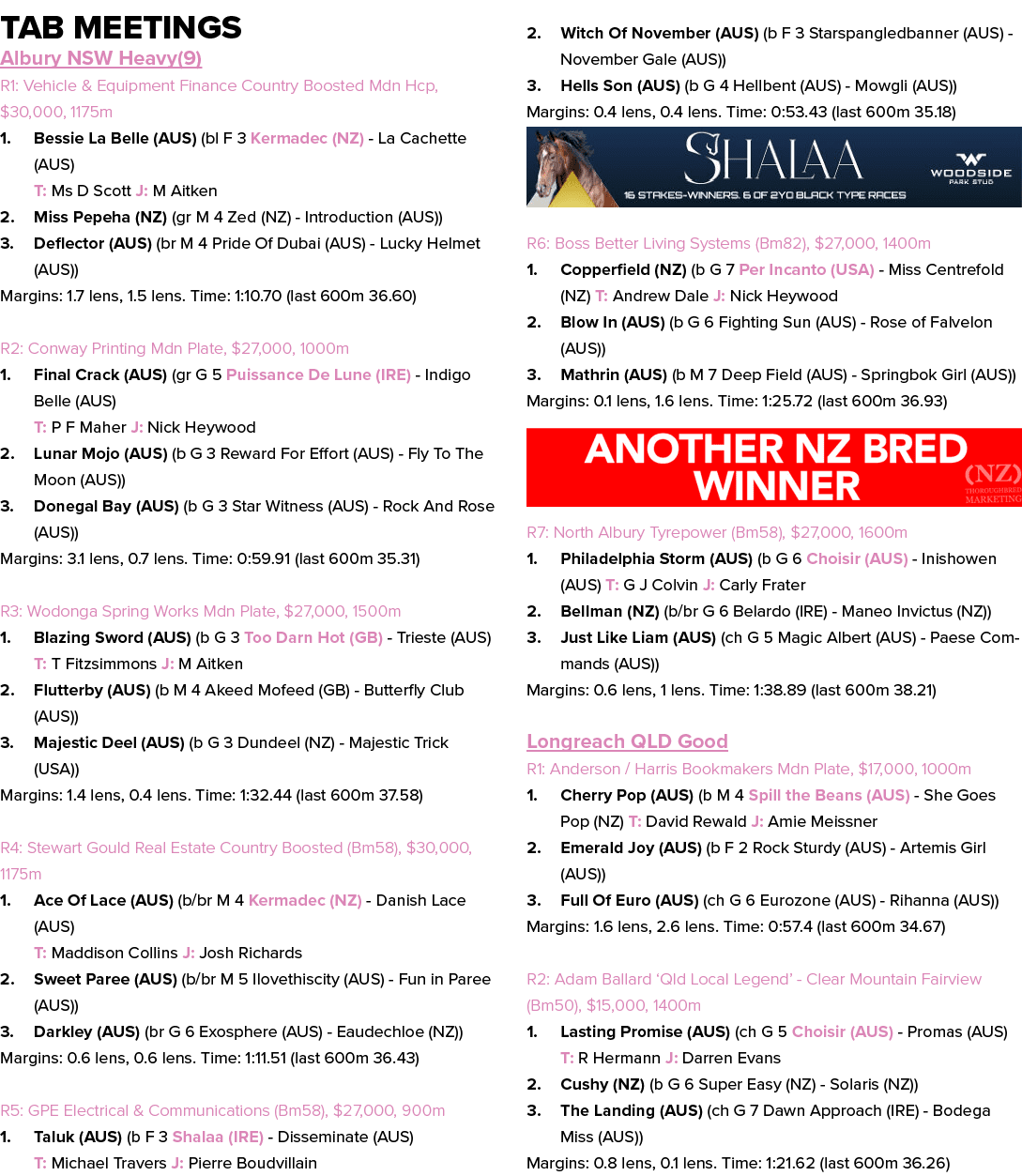 Tab Meetings Albury NSW Heavy(9) R1: Vehicle & Equipment Finance Country Boosted Mdn Hcp, $30,000, 1175m 1. Bessie La...
