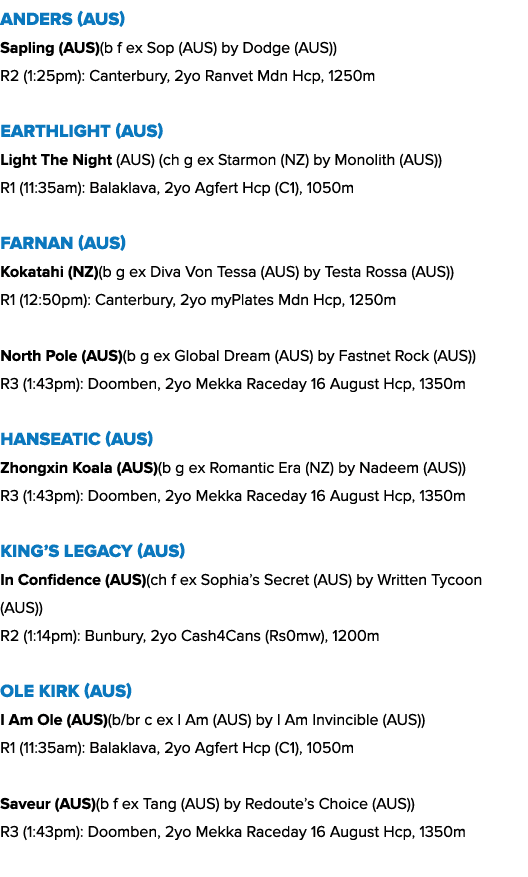 Anders (AUS) Sapling (AUS)(b f ex Sop (AUS) by Dodge (AUS)) R2 (1:25pm): Canterbury, 2yo Ranvet Mdn Hcp, 1250m EARTHL...