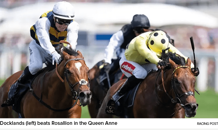 Docklands (left) beats Rosallion in the Queen Anne racing pos