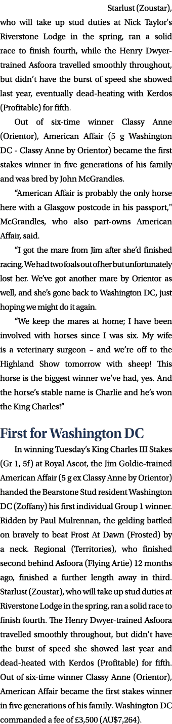 Starlust (Zoustar), who will take up stud duties at Nick Taylor's Riverstone Lodge in the spring, ran a solid race to...