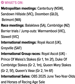 ￼ What's on: Metropolitan meetings: Canterbury (NSW), Sandown Hillside (VIC), Doomben (QLD), Belmont (WA) Race meetin...