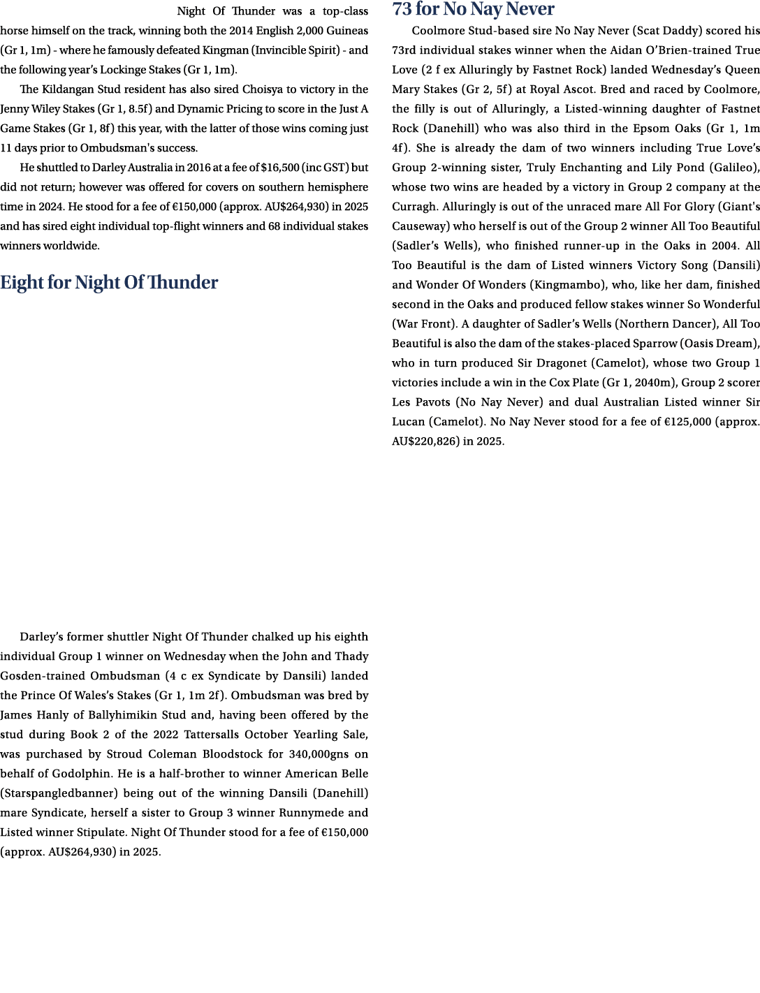 Night Of Thunder was a top class horse himself on the track, winning both the 2014 English 2,000 Guineas (Gr 1, 1m) w...