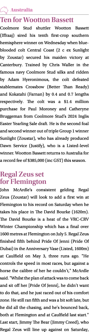 ￼ Ten for Wootton Bassett Coolmore Stud shuttler Wootton Bassett (Iffraaj) sired his tenth first crop southern hemisp...