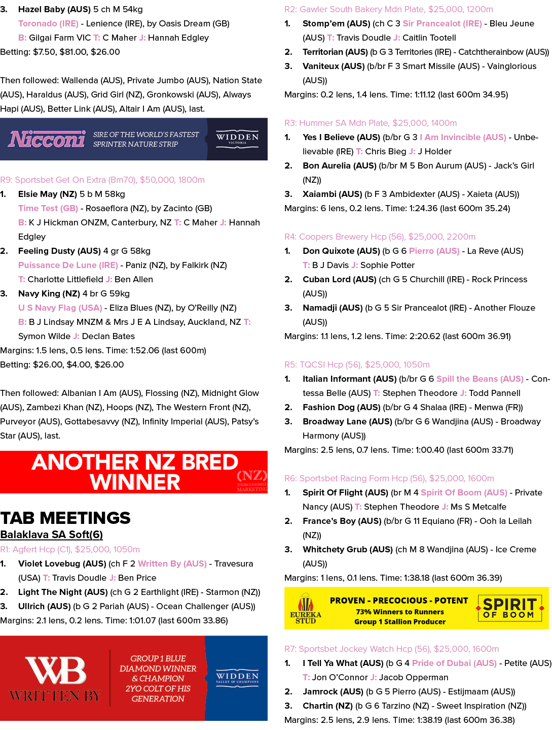 3. Hazel Baby (AUS) 5 ch M 54kg Toronado (IRE) Lenience (IRE), by Oasis Dream (GB) B: Gilgai Farm VIC T: C Maher J: H...