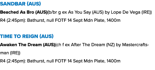 Sandbar (AUS) Beached As Bro (AUS)(b/br g ex As You Say (AUS) by Lope De Vega (IRE)) R4 (2:45pm): Bathurst, null FOTF...