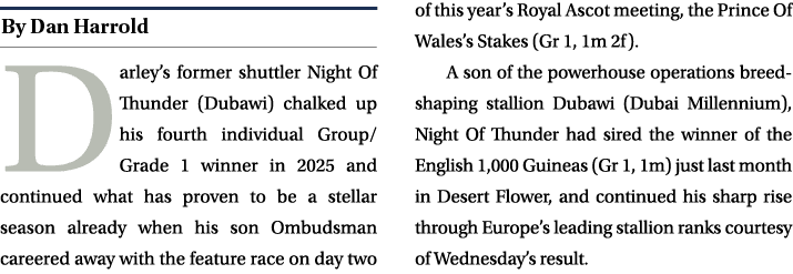 ￼ Darley’s former shuttler Night Of Thunder (Dubawi) chalked up his fourth individual Group/Grade 1 winner in 2025 an...