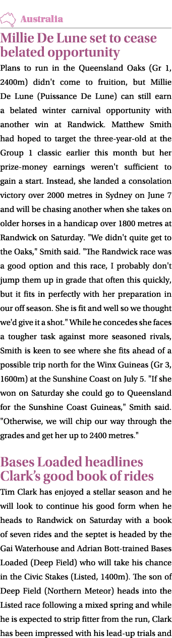 ￼ Millie De Lune set to cease belated opportunity Plans to run in the Queensland Oaks (Gr 1, 2400m) didn't come to fr...