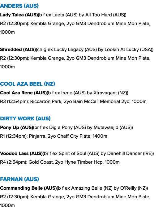 Anders (AUS) Lady Talea (AUS)(b f ex Laeta (AUS) by All Too Hard (AUS)) R2 (12:30pm): Kembla Grange, 2yo GM3 Dendrobi...