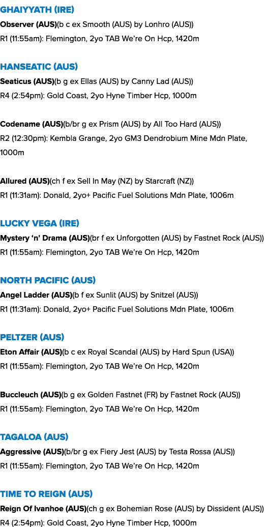 Ghaiyyath (IRE) Observer (AUS)(b c ex Smooth (AUS) by Lonhro (AUS)) R1 (11:55am): Flemington, 2yo TAB We’re On Hcp, 1...