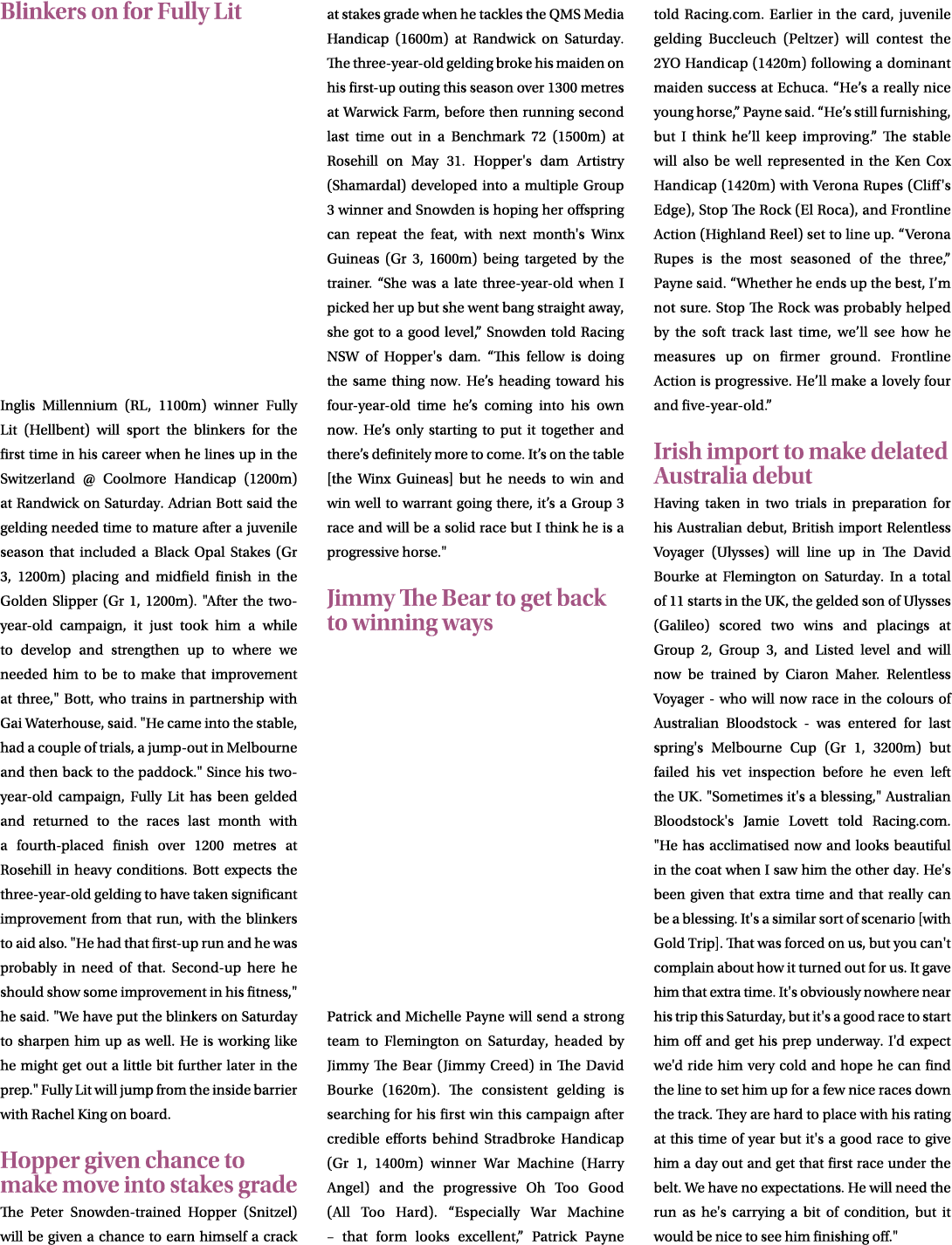 Blinkers on for Fully Lit Inglis Millennium (RL, 1100m) winner Fully Lit (Hellbent) will sport the blinkers for the f...