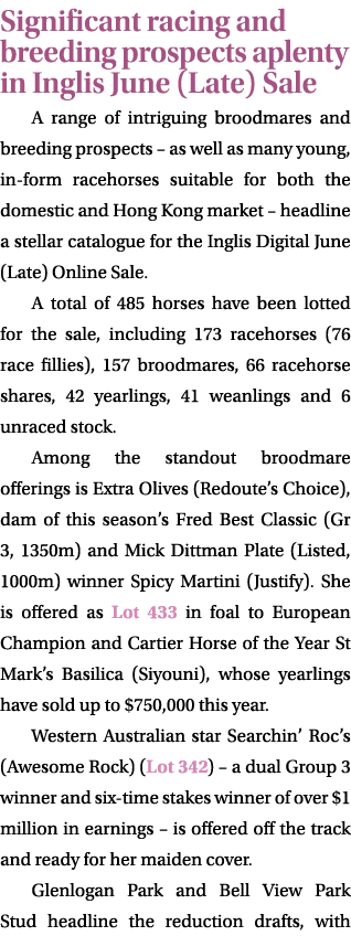 Significant racing and breeding prospects aplenty in Inglis June (Late) Sale A range of intriguing broodmares and bre...