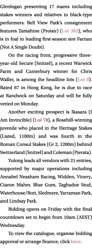 Glenlogan presenting 17 mares including stakes winners and relatives to black type performers. Bell View Park’s consi...