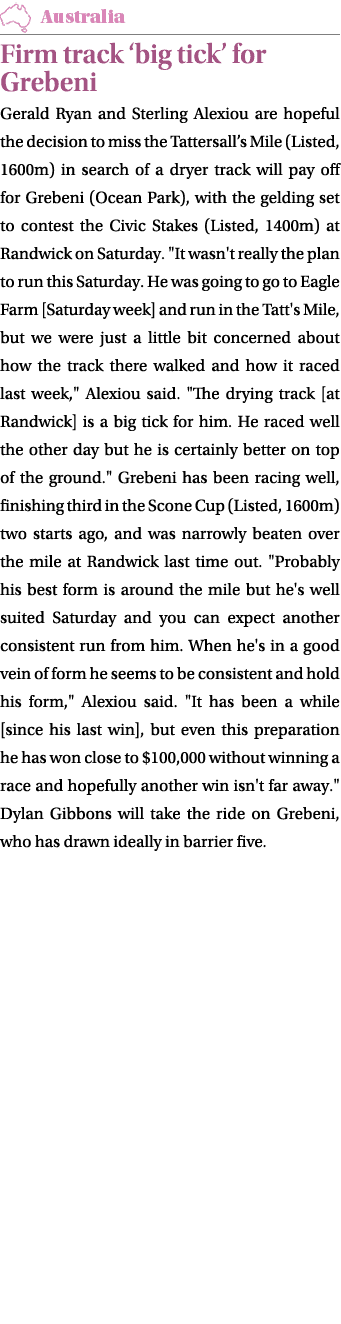 ￼ Firm track ‘big tick’ for Grebeni Gerald Ryan and Sterling Alexiou are hopeful the decision to miss the Tattersall’...