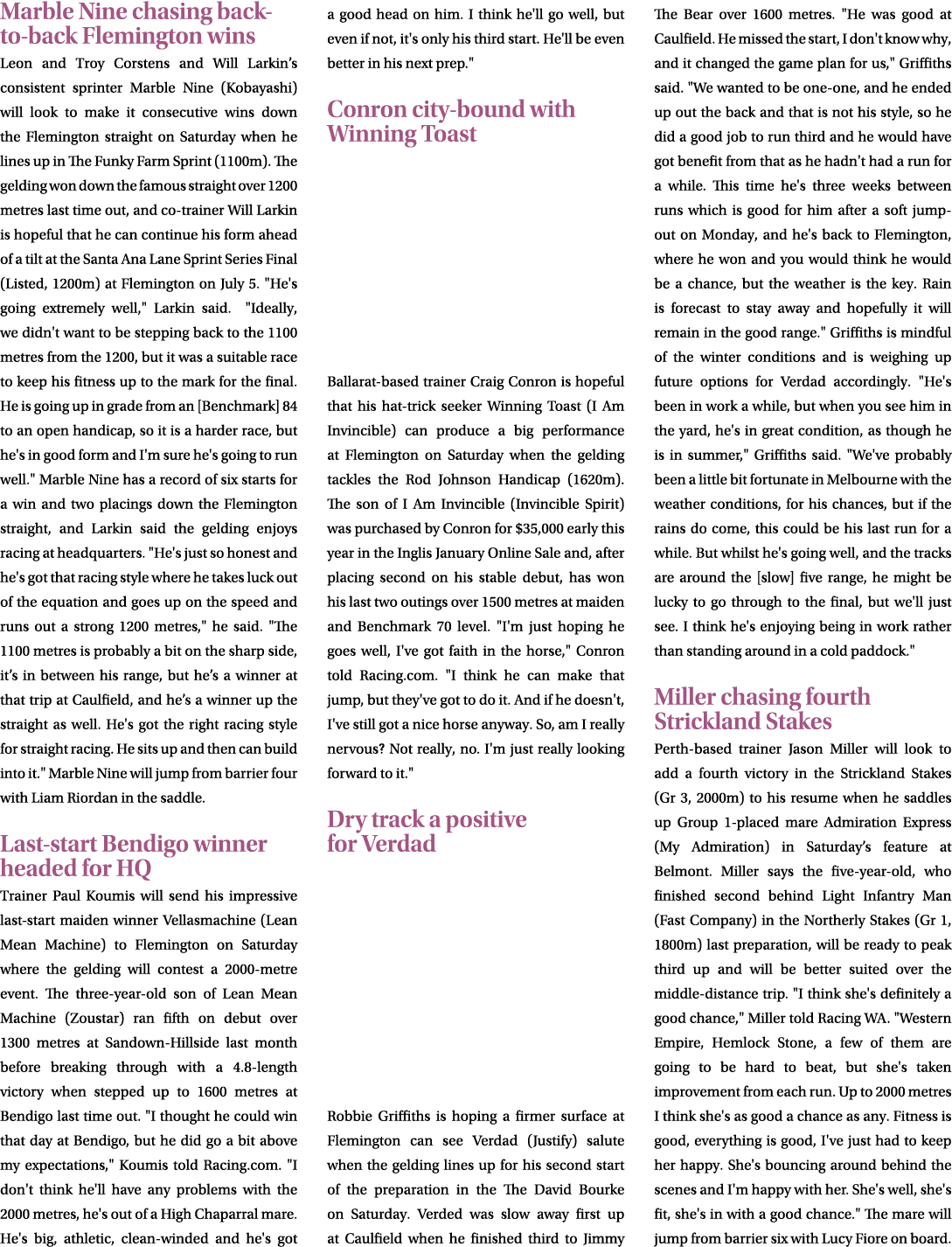 Marble Nine chasing back to back Flemington wins Leon and Troy Corstens and Will Larkin’s consistent sprinter Marble ...