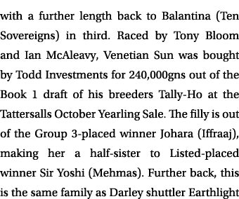 with a further length back to Balantina (Ten Sovereigns) in third. Raced by Tony Bloom and Ian McAleavy, Venetian Sun...