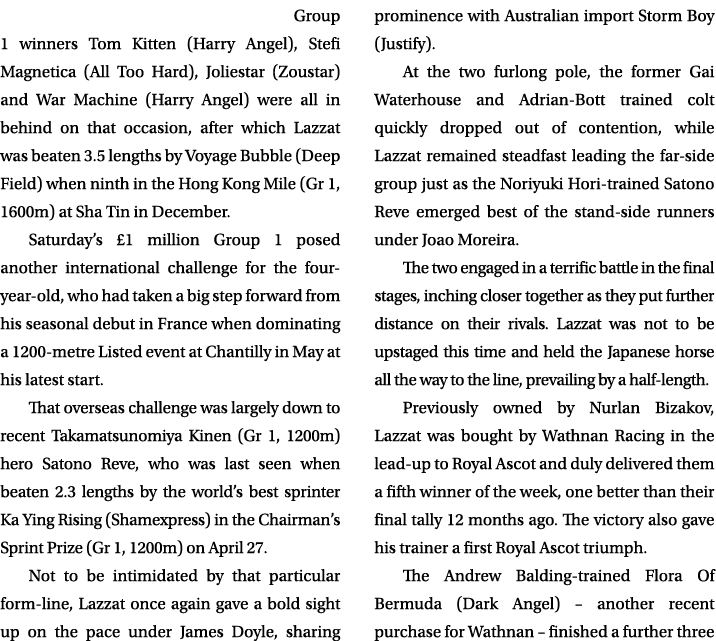  Group 1 winners Tom Kitten (Harry Angel), Stefi Magnetica (All Too Hard), Joliestar (Zoustar) and War Machine (Harry...