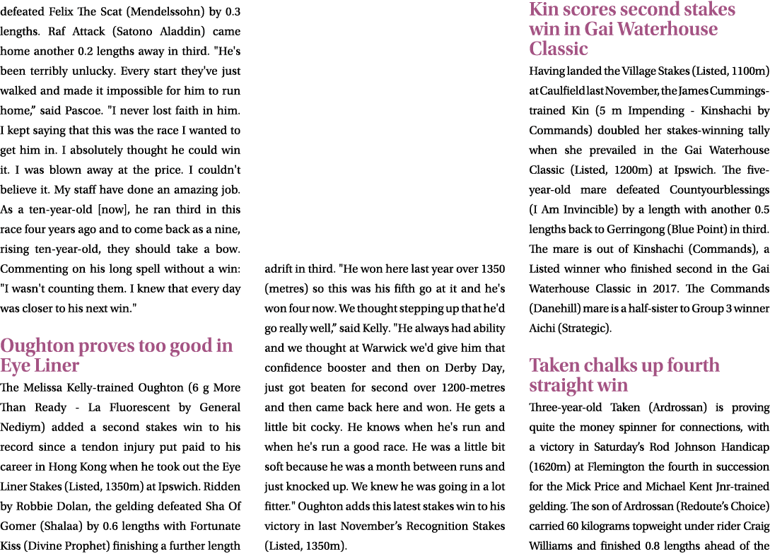defeated Felix The Scat (Mendelssohn) by 0.3 lengths. Raf Attack (Satono Aladdin) came home another 0.2 lengths away ...