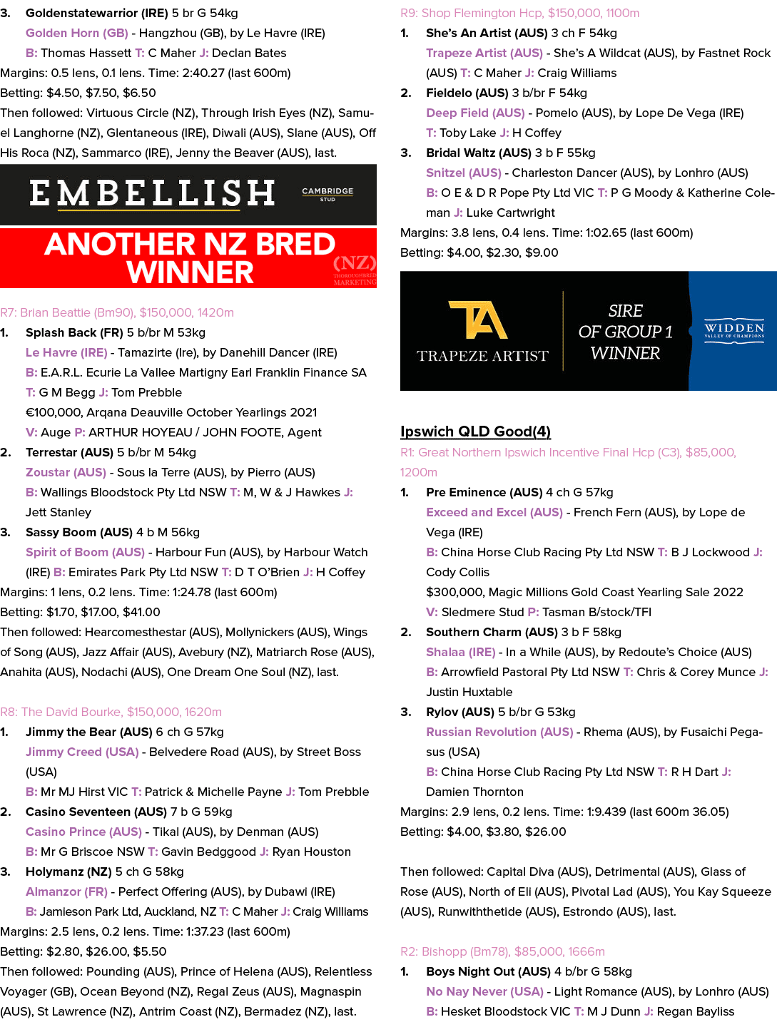 3. Goldenstatewarrior (IRE) 5 br G 54kg Golden Horn (GB) Hangzhou (GB), by Le Havre (IRE) B: Thomas Hassett T: C Mahe...