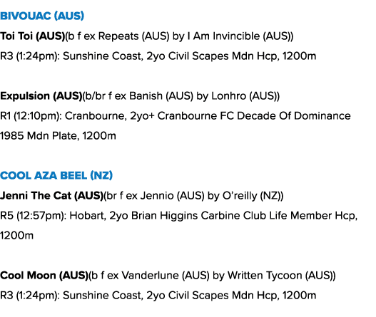 Bivouac (AUS) Toi Toi (AUS)(b f ex Repeats (AUS) by I Am Invincible (AUS)) R3 (1:24pm): Sunshine Coast, 2yo Civil Sca...