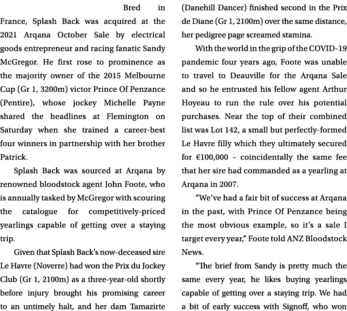 Bred in France, Splash Back was acquired at the 2021 Arqana October Sale by electrical goods entrepreneur and racing ...