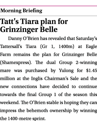  ￼ Tatt’s Tiara plan for Grinzinger Belle Danny O’Brien has revealed that Saturday’s Tattersall’s Tiara (Gr 1, 1400m)...