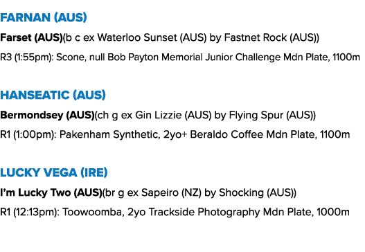 Farnan (AUS) Farset (AUS)(b c ex Waterloo Sunset (AUS) by Fastnet Rock (AUS)) R3 (1:55pm): Scone, null Bob Payton Mem...