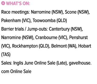 ￼ What's on: Race meetings: Narromine (NSW), Scone (NSW), Pakenham (VIC), Toowoomba (QLD) Barrier trials / Jump outs:...