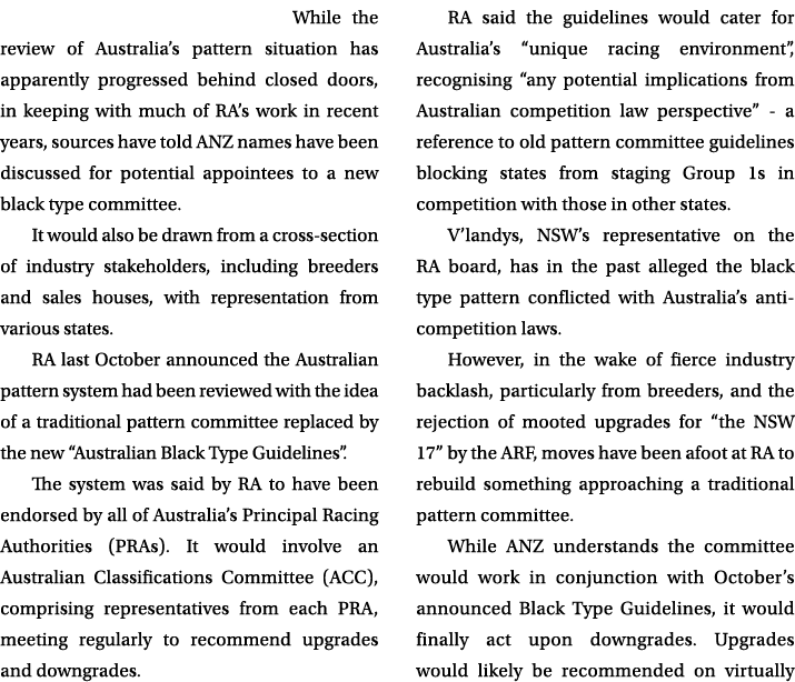  While the review of Australia’s pattern situation has apparently progressed behind closed doors, in keeping with muc...