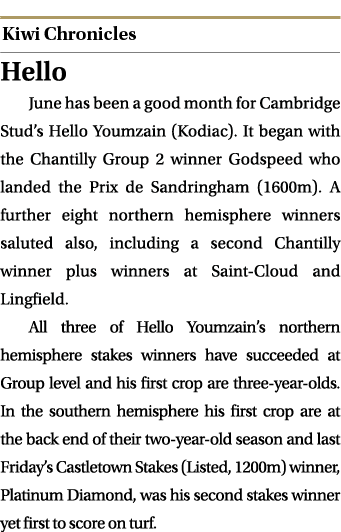  ￼ Hello June has been a good month for Cambridge Stud’s Hello Youmzain (Kodiac). It began with the Chantilly Group 2...