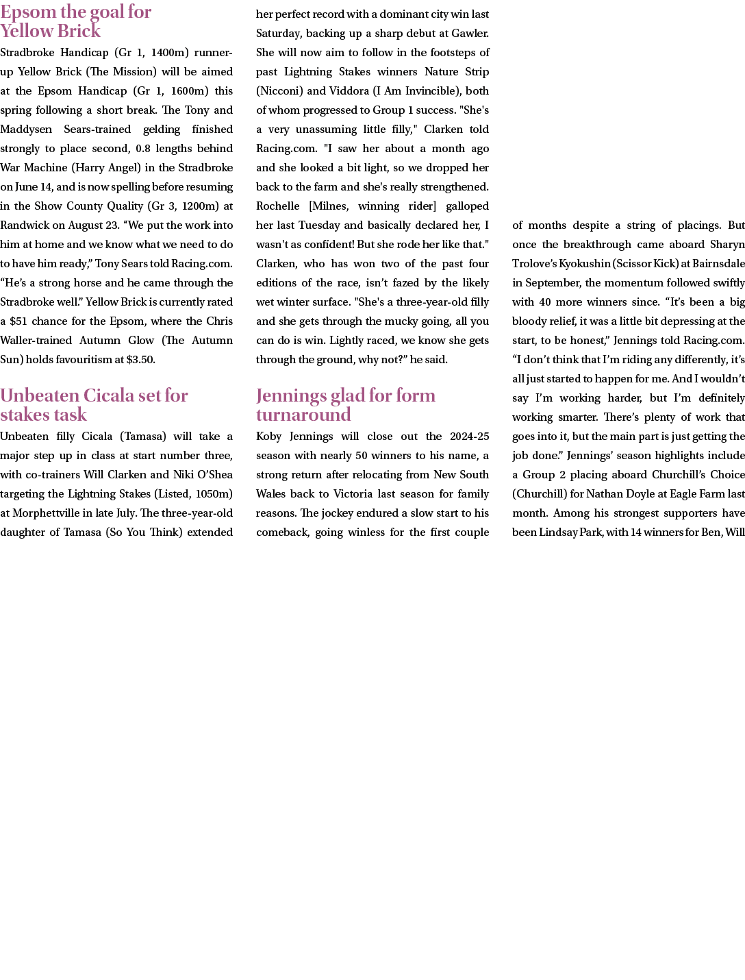 Epsom the goal for Yellow Brick Stradbroke Handicap (Gr 1, 1400m) runner up Yellow Brick (The Mission) will be aimed ...