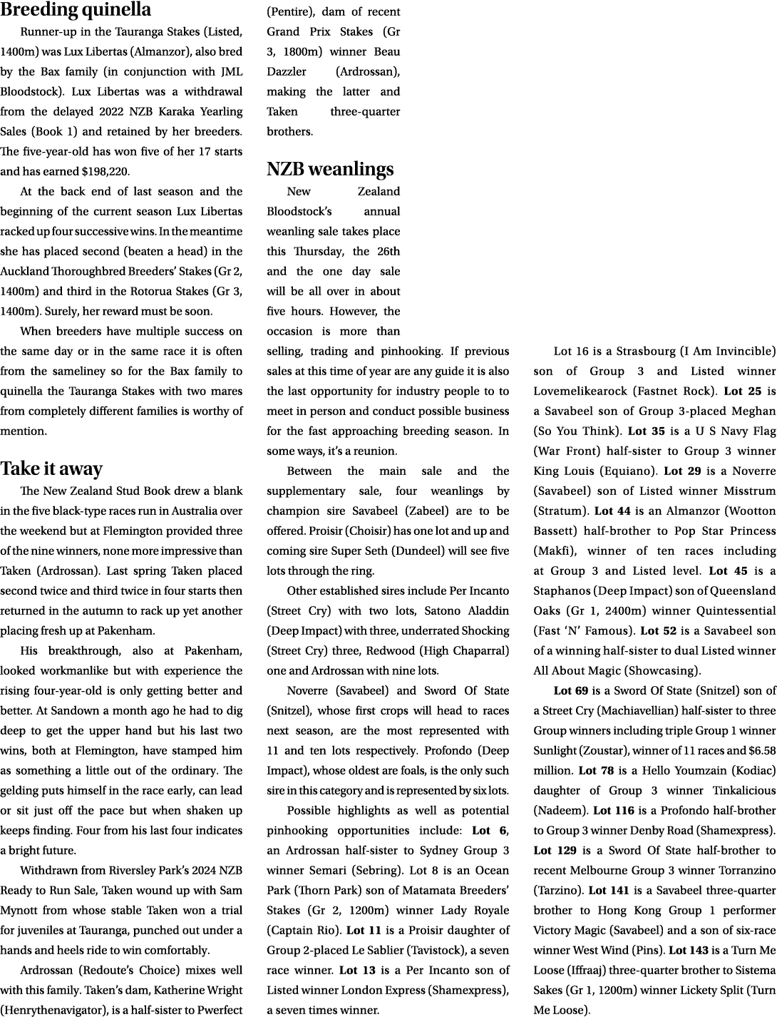 Breeding quinella Runner up in the Tauranga Stakes (Listed, 1400m) was Lux Libertas (Almanzor), also bred by the Bax ...