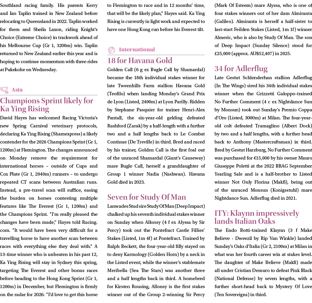 Southland racing family. His parents Kerry and Ian Taplin trained in New Zealand before relocating to Queensland in 2...