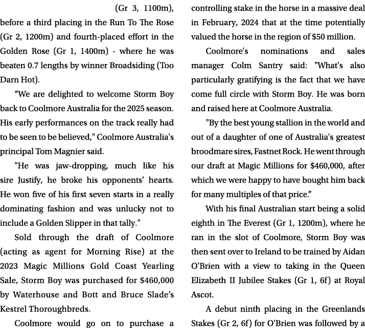 (Gr 3, 1100m), before a third placing in the Run To The Rose (Gr 2, 1200m) and fourth placed effort in the Golden Ros...