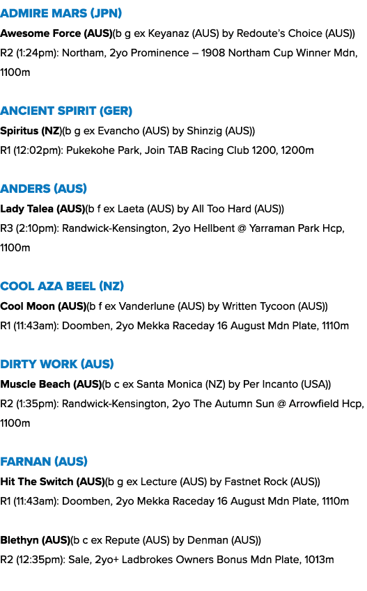 Admire Mars (JPN) Awesome Force (AUS)(b g ex Keyanaz (AUS) by Redoute’s Choice (AUS)) R2 (1:24pm): Northam, 2yo Promi...