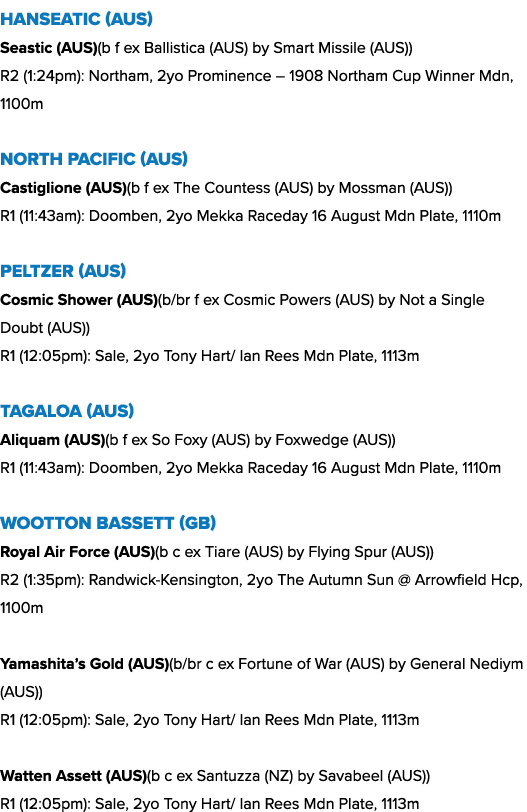 Hanseatic (AUS) Seastic (AUS)(b f ex Ballistica (AUS) by Smart Missile (AUS)) R2 (1:24pm): Northam, 2yo Prominence – ...