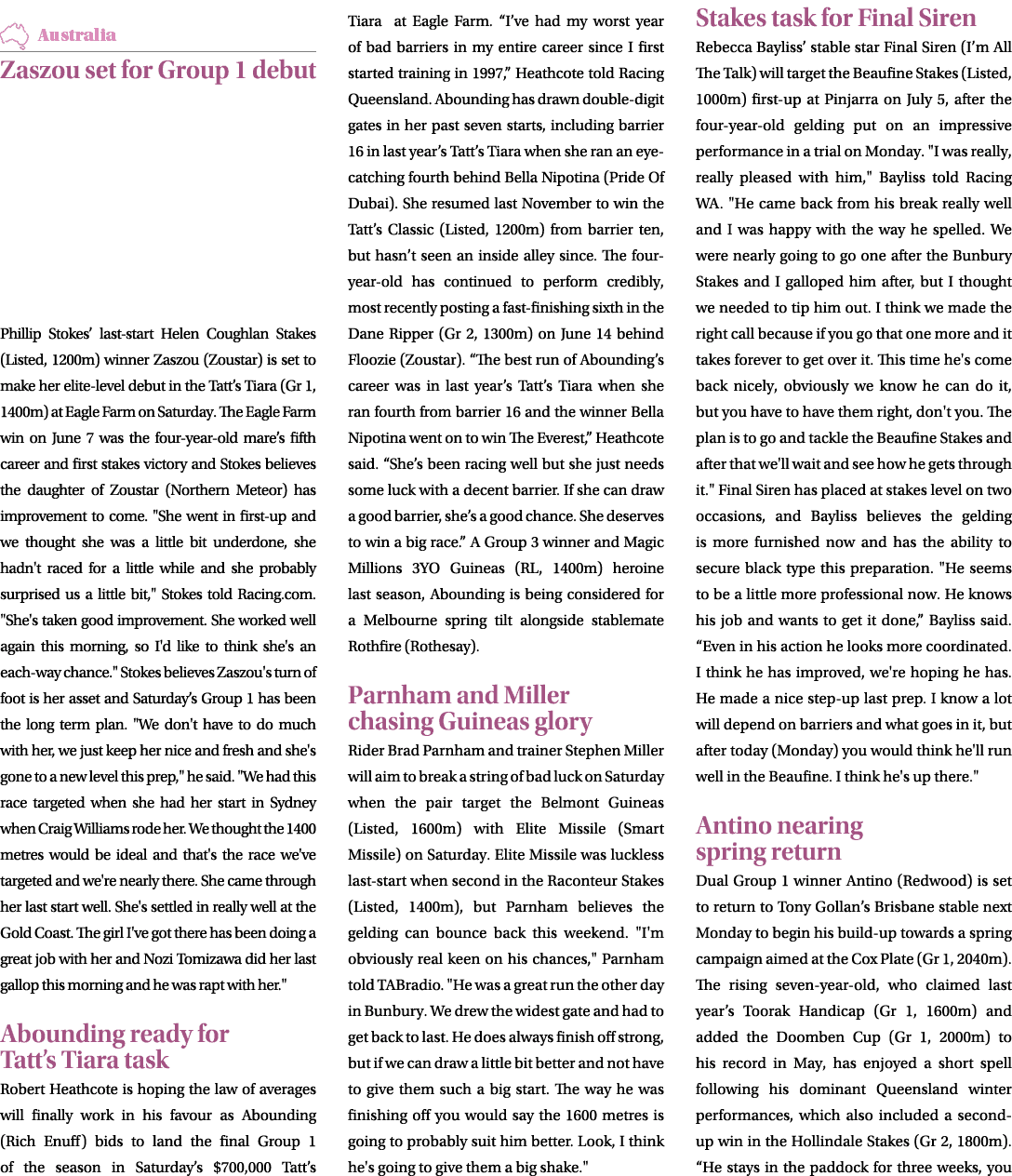 ￼ Zaszou set for Group 1 debut Phillip Stokes’ last start Helen Coughlan Stakes (Listed, 1200m) winner Zaszou (Zousta...