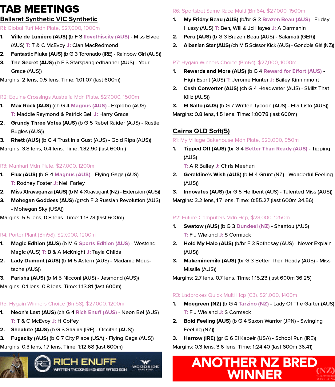 Tab Meetings Ballarat Synthetic VIC Synthetic R1: Global Turf Mdn Plate, $27,000, 1000m 1. Ville de Lumiere (AUS) (b ...