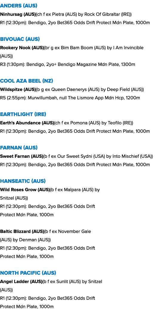 Anders (AUS) Ninhursag (AUS)(ch f ex Pietra (AUS) by Rock Of Gibraltar (IRE)) R1 (12:30pm): Bendigo, 2yo Bet365 Odds ...