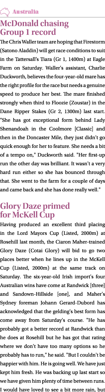 ￼ McDonald chasing Group 1 record The Chris Waller team are hoping that Firestorm (Satono Aladdin) will get race cond...