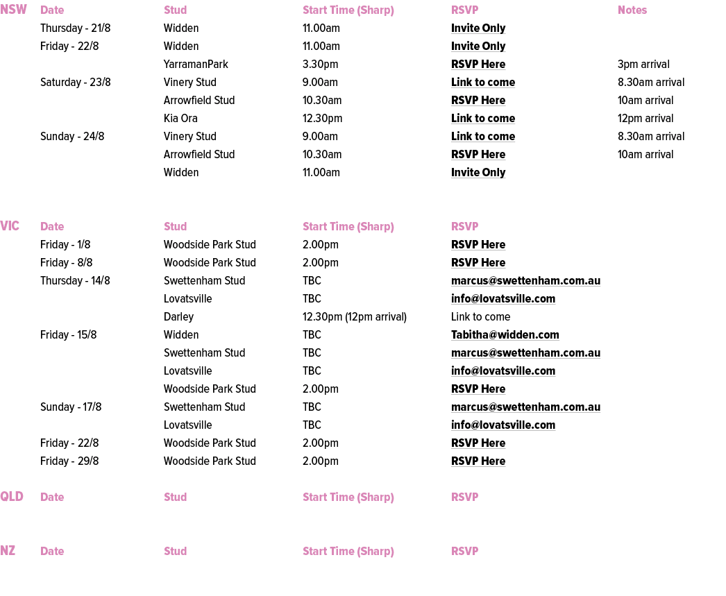 NSW Date Stud Start Time (Sharp) RSVP Notes Thursday 21/8 Widden 11.00am Invite Only Friday 22/8 Widden 11.00am Invit...