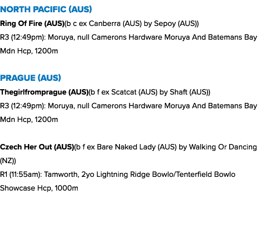 North Pacific (AUS) Ring Of Fire (AUS)(b c ex Canberra (AUS) by Sepoy (AUS)) R3 (12:49pm): Moruya, null Camerons Hard...