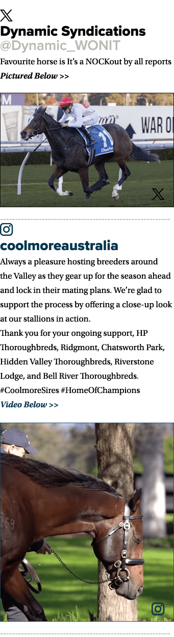 ￼ Dynamic Syndications @Dynamic_WONIT Favourite horse is It’s a NOCKout by all reports Pictured Below   ￼ ￼ coolmore...