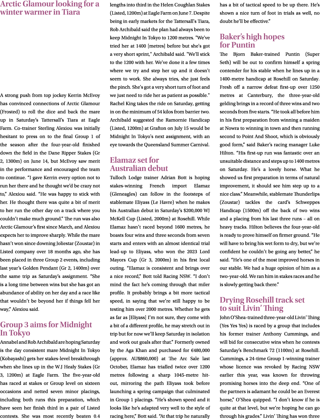 Arctic Glamour looking for a winter warmer in Tiara A strong push from top jockey Kerrin McEvoy has convinced connect...