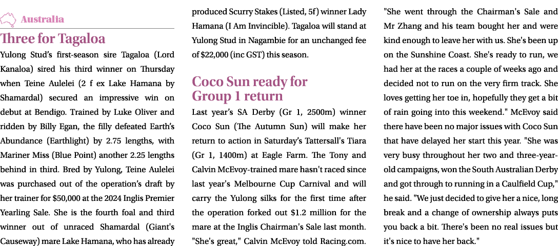 ￼ Three for Tagaloa Yulong Stud’s first season sire Tagaloa (Lord Kanaloa) sired his third winner on Thursday when Te...